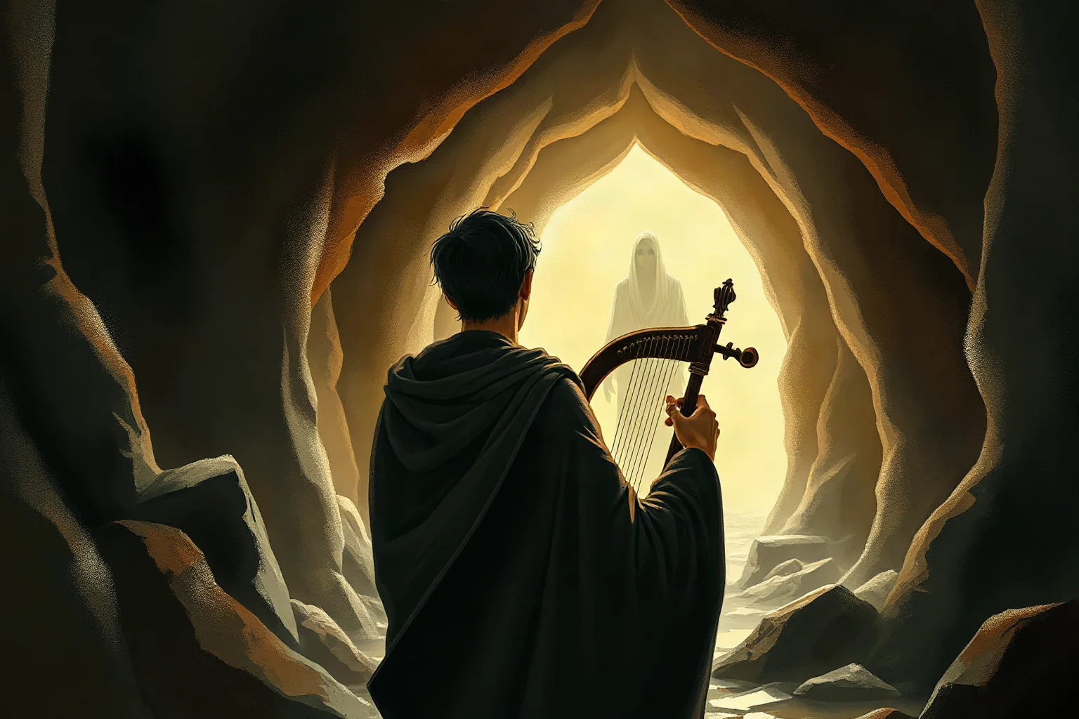 A musician with a lyre looking back toward a fading ghostly figure in a shadowy cave passage, emotional mythological illustration