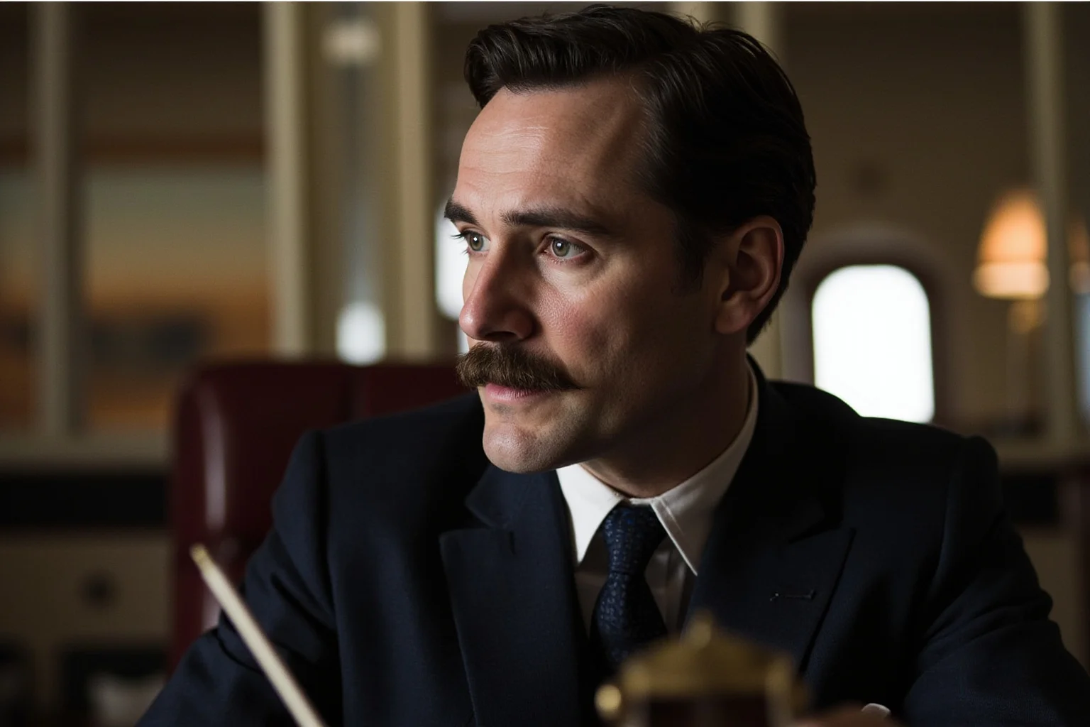 Historical Figures Who Boarded the Titanic — And 10 Who Didn't Survive 21 A mustached Edwardian novelist in a suit writing at a small desk aboard an ocean liner cabin