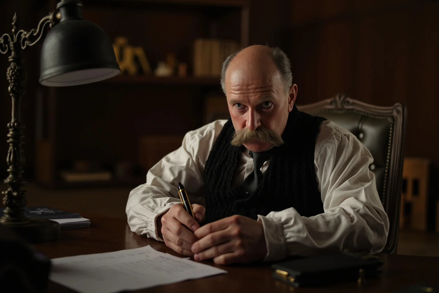 25 Greatest Historical Figures of the Victorian Era 15 A mustachioed Victorian author at a desk with pen and papers, dressed in period clothing in a study setting