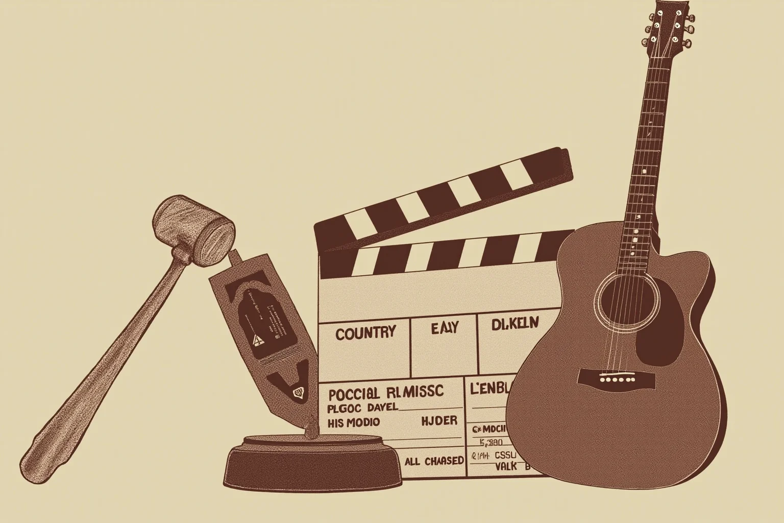 Historical Figures That Were Shockingly Born In The Same Year 5 A muted mid-century illustration symbolizing law, cinema, and country music, featuring a gavel, a film clapperboard, and an acoustic guitar arranged together