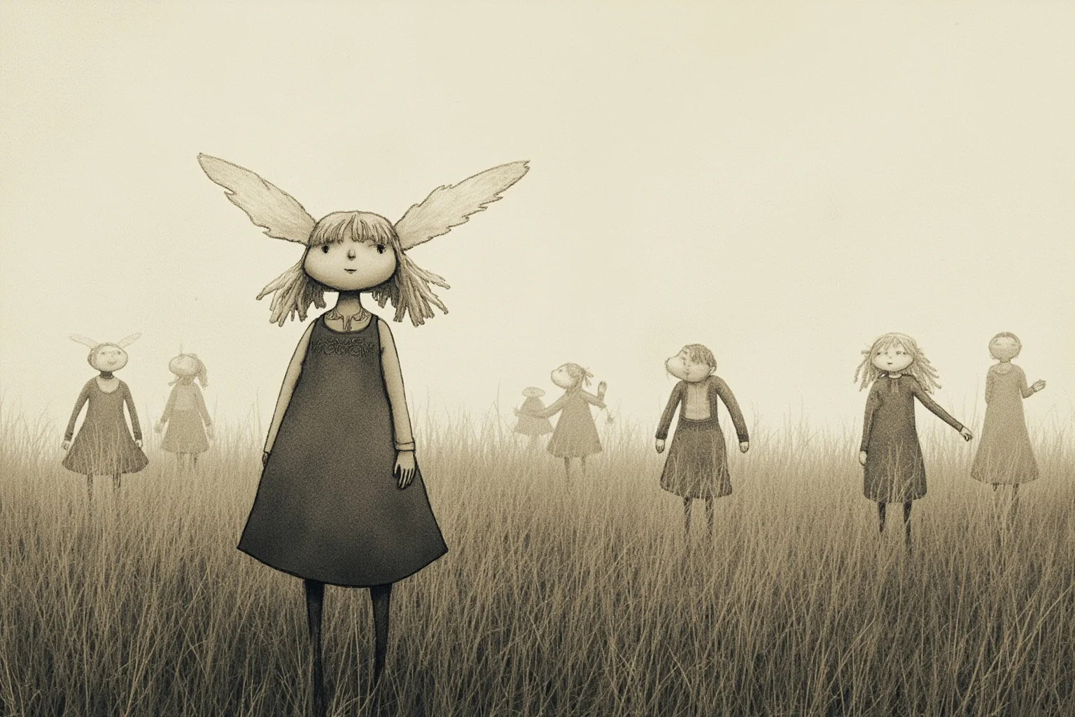 Grim Childhoods Indeed: The 20 Darkest Brothers Grimm Fairy Tales 16 A muted storybook illustration of a lonely girl with an unusual number of eyes standing apart from her sisters in a field