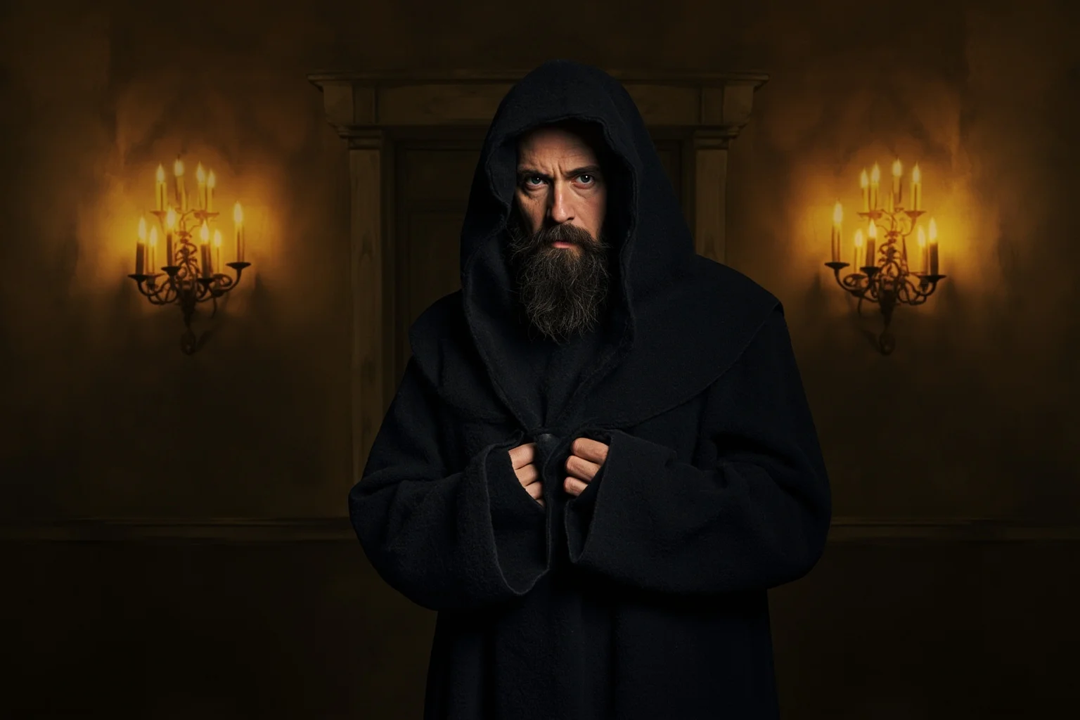 Most Interesting People in History: 22 Figures Who Shaped the World 12 A mysterious bearded mystic in dark robes standing in a dim, candle-lit Russian palace room, painted historical style