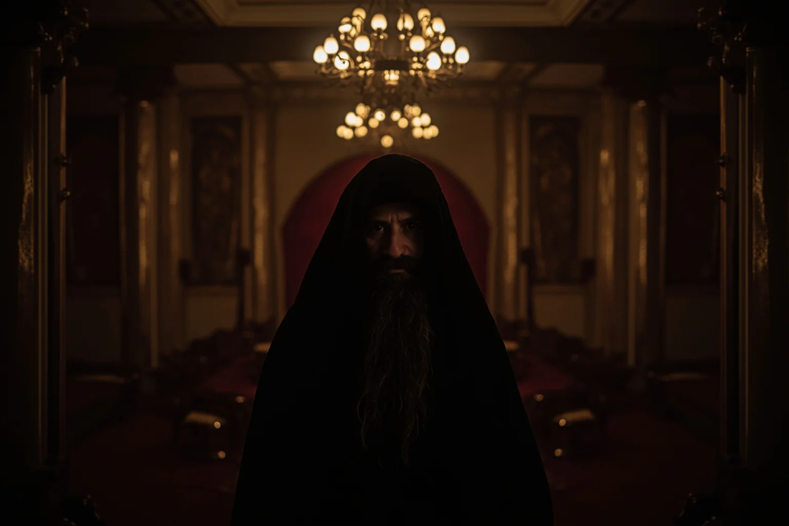A mysterious bearded mystic in dark robes standing in a dim, opulent Russian palace room
