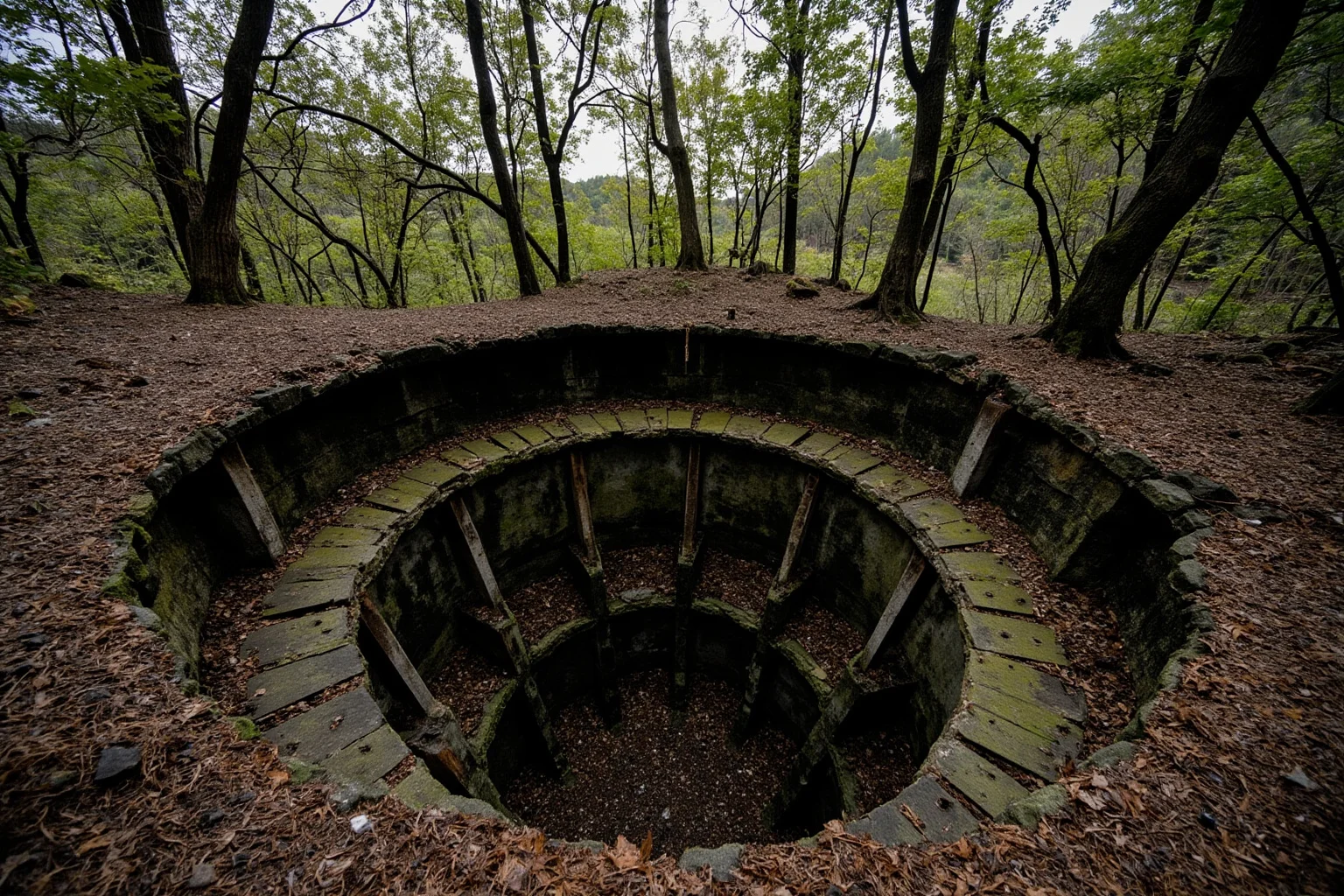 Missing Legendary Treasures That Are Yet to Be Found 5 A mysterious deep circular pit in a forest clearing on a small island, with old wooden support beams visible inside