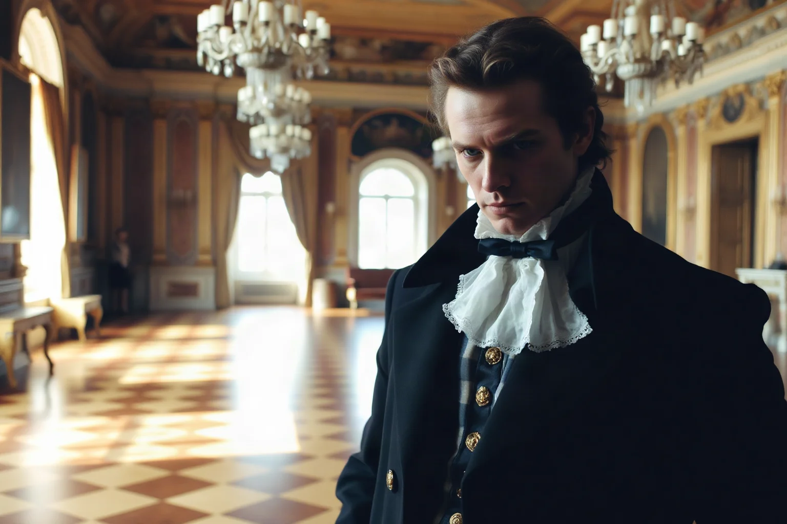 A mysterious, finely dressed nobleman from the 1700s standing in a grand European court hall, his face partly shadowed
