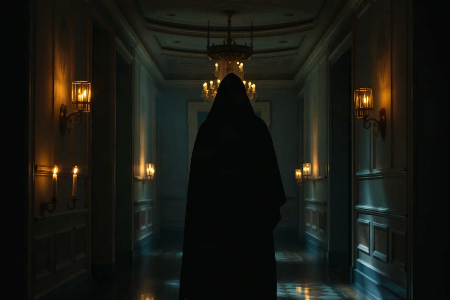 A mysterious robed mystic figure standing in a dim, candle-lit Russian palace corridor