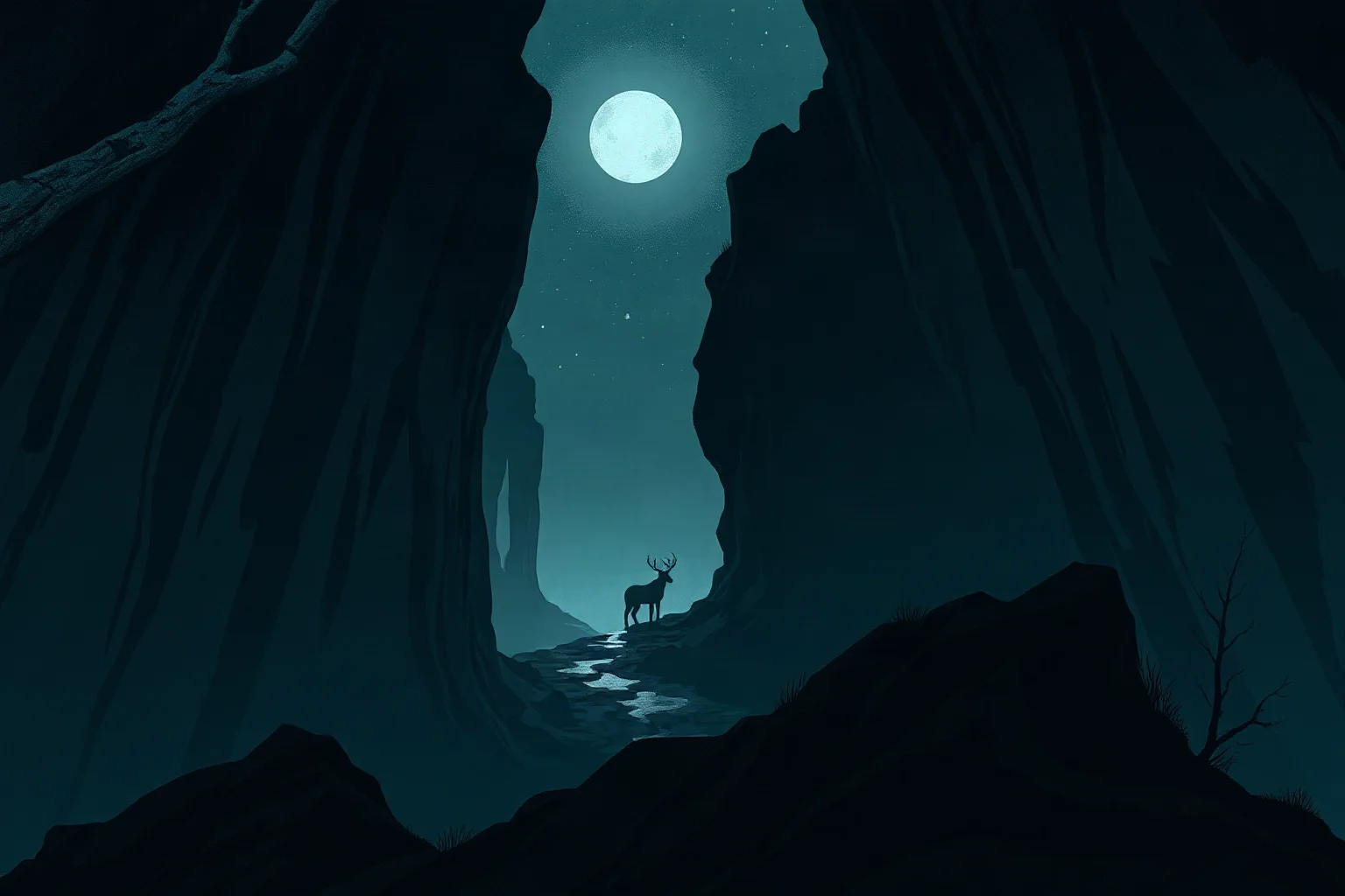 A mysterious shadowy canyon at night with a distant animal silhouette, moody folklore illustration style