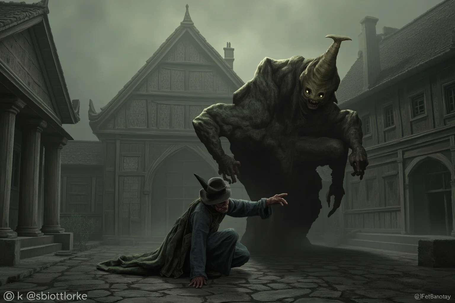 A mysterious shapeshifting figure mid-transformation in a foggy village square, folklore illustration