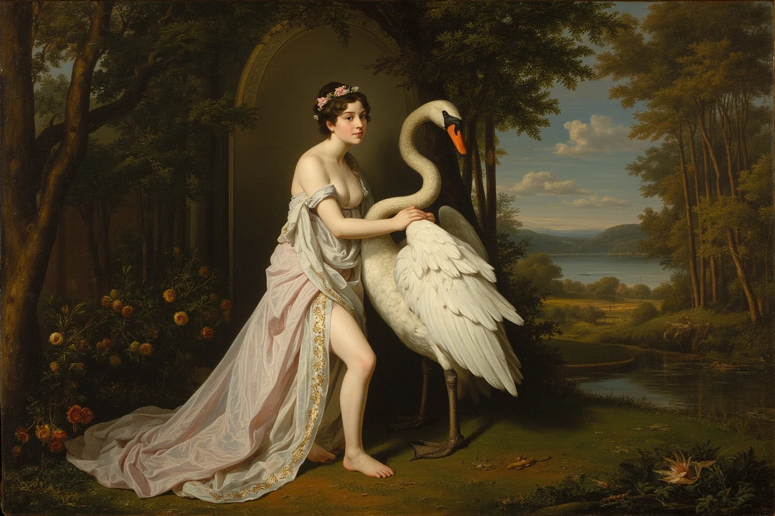 A mythological Renaissance-style painting of a woman standing beside a large swan in a lush garden setting