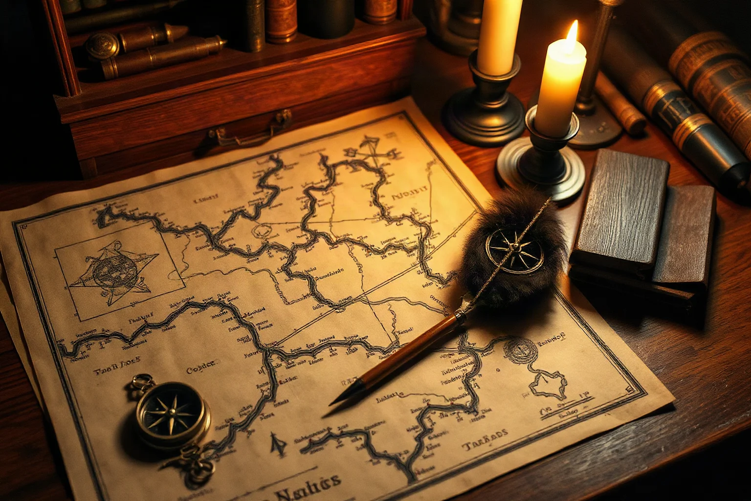 A Napoleonic-era wooden desk with an old military strategy map, compass, and quill pen under candlelight