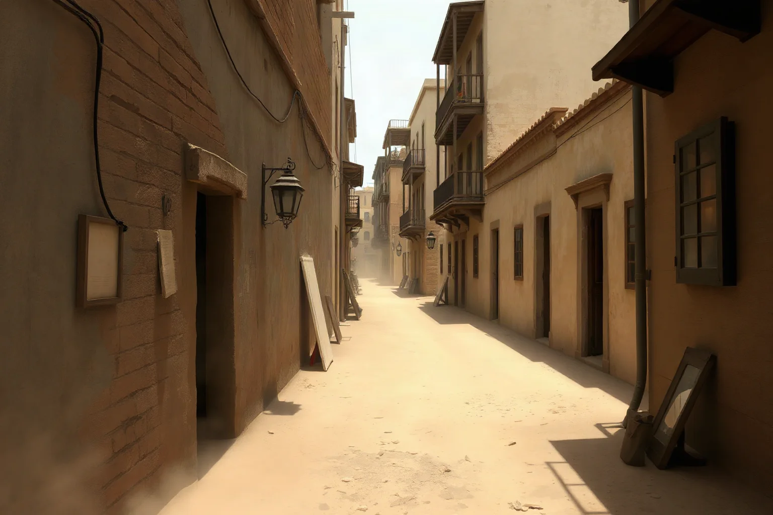 A narrow dusty alley between two buildings, evoking a brief historic gunfight location