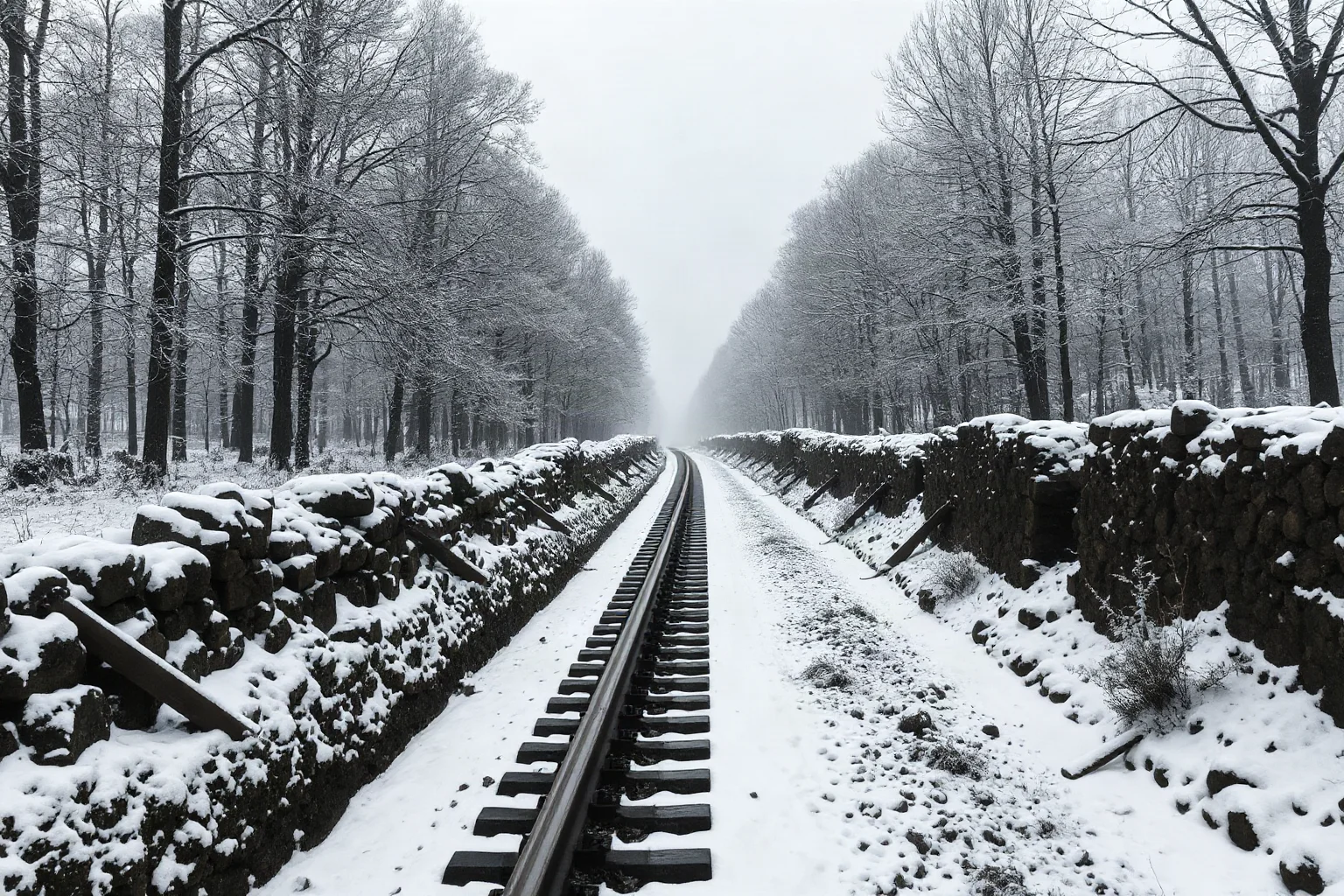 A narrow railway line cutting through snowy forest and trenches, illustrating a newly opened wartime supply corridor