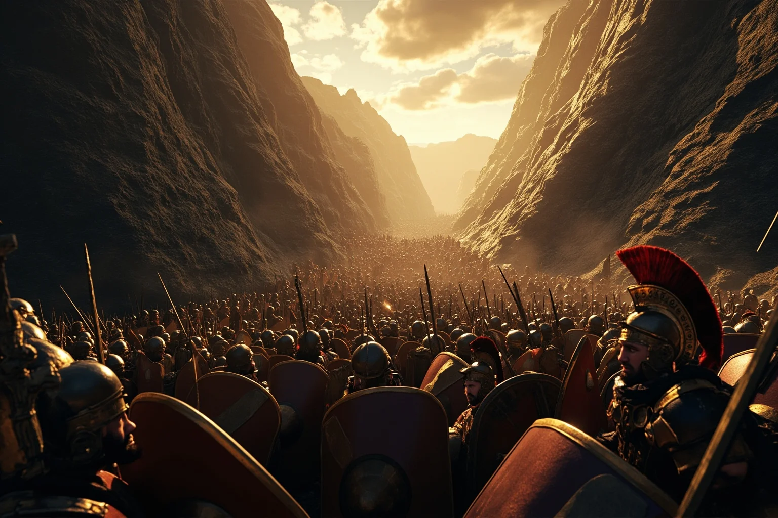 23 Important Ancient Greek Battles In History 3 A narrow rocky mountain pass with Greek hoplites forming a tight shield wall against an approaching army, dramatic lighting