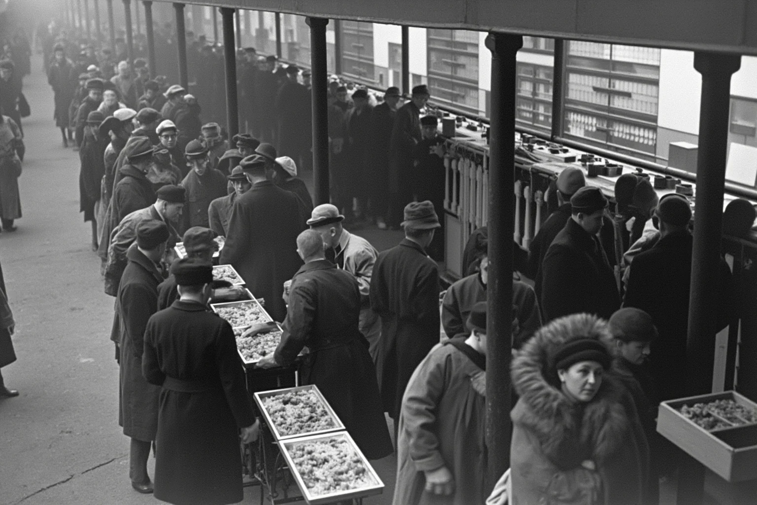 The Evolution of World War 1 Rations: 24 Facts About Food, Trenches, and Rationing 23 A National Kitchen or communal food center with civilians lined up to receive hot meals during wartime rationing