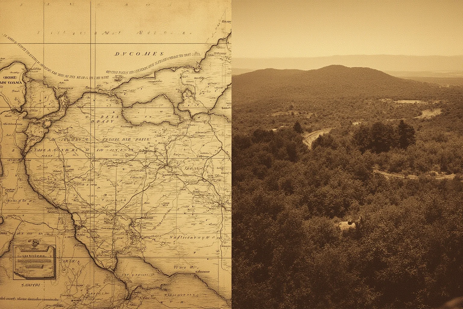 21 Beloved Historical Figures Who Are Controversial Today 7 A national park landscape split visually between wilderness and old sepia-toned imperial map imagery, symbolic dual-legacy illustration