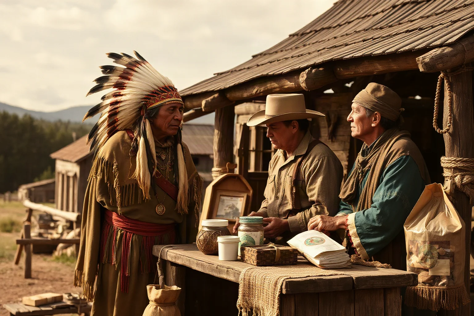 A Native American family and a settler family exchanging goods at a quiet frontier trading post