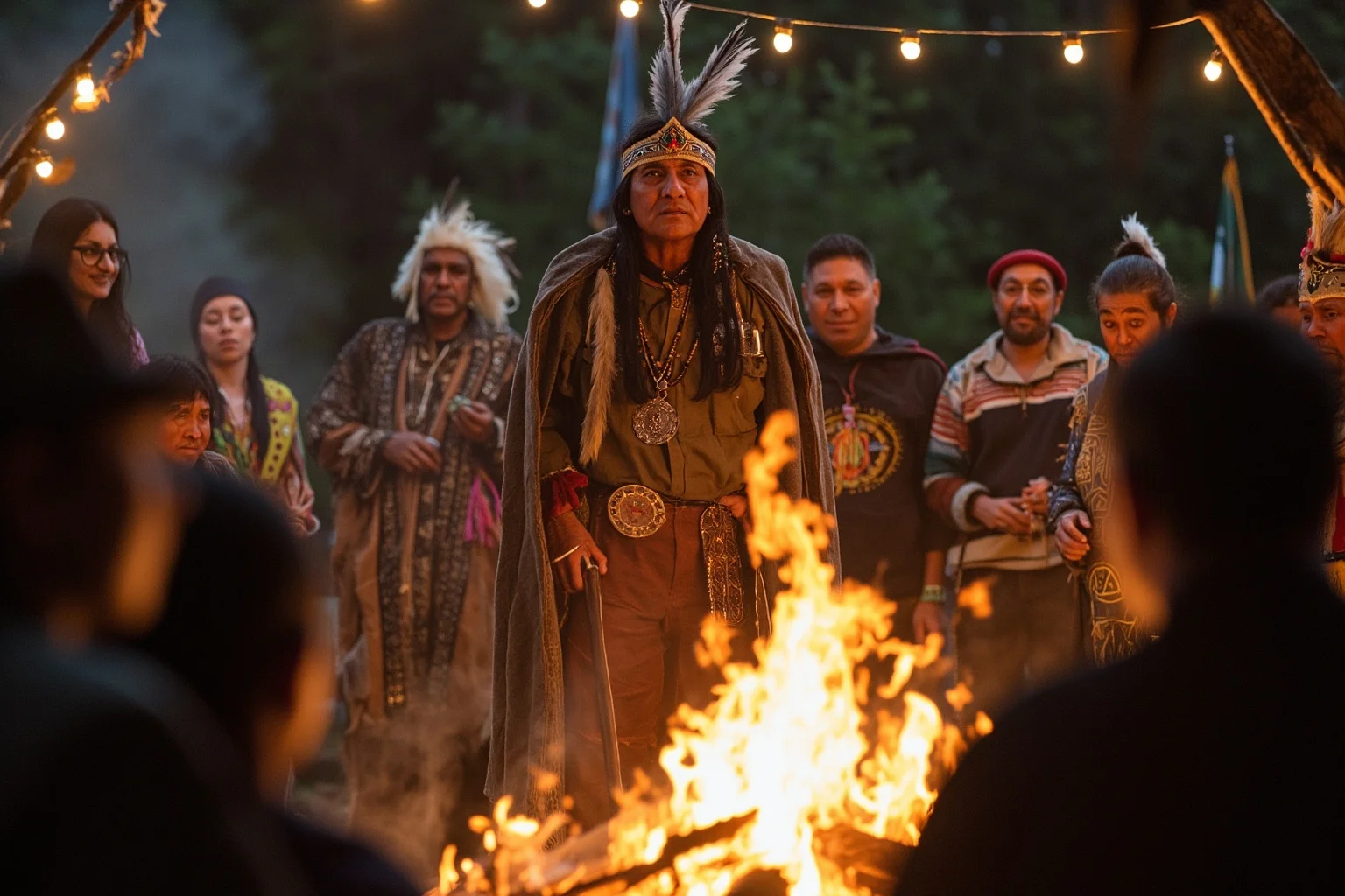 22 Inspiring Stories From Native American History 6 A Native American leader addressing a gathered council of multiple tribal representatives around a fire