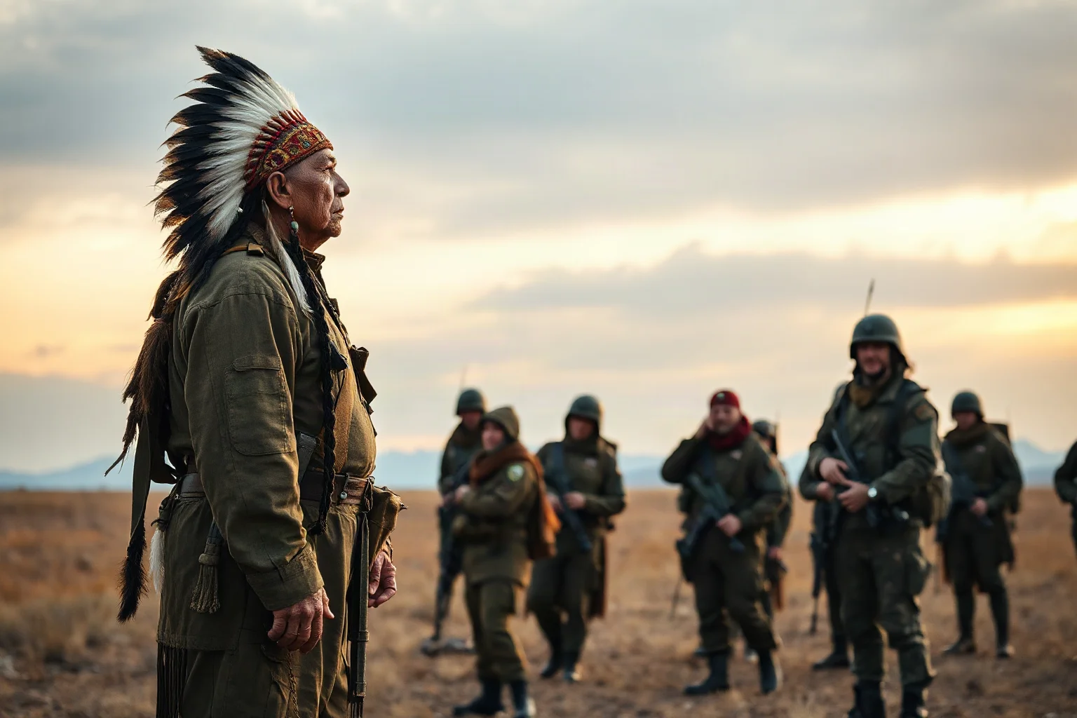 A Native American leader standing solemnly before soldiers on an open plain, speaking with quiet dignity