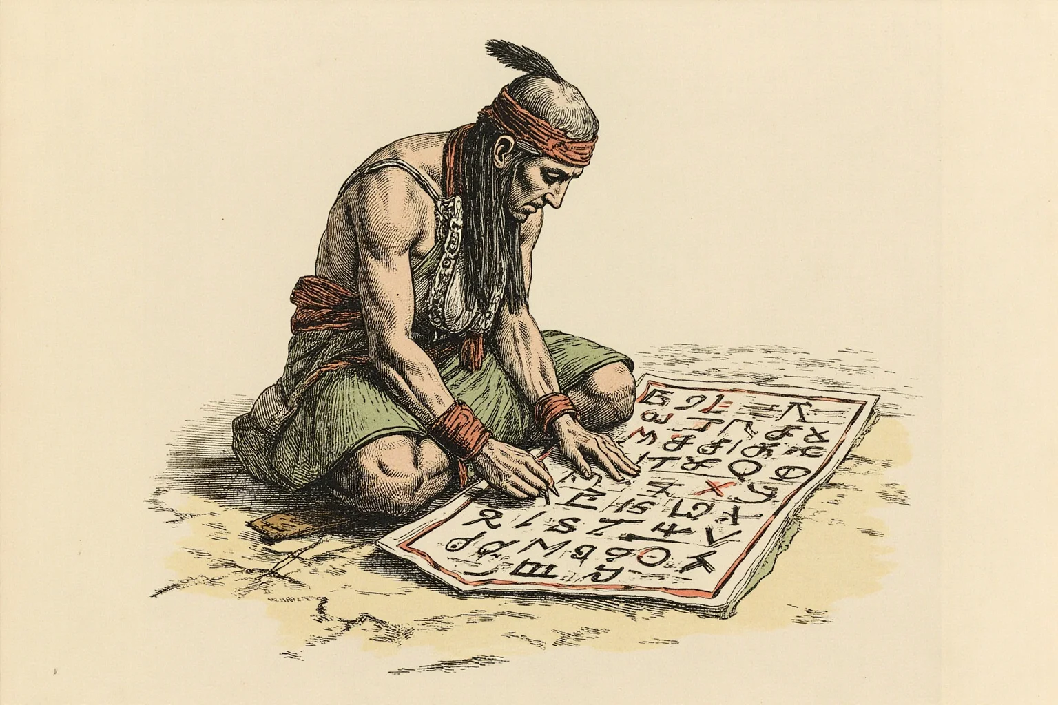 A Native American man carefully writing symbols of a new alphabet on parchment, historical illustration