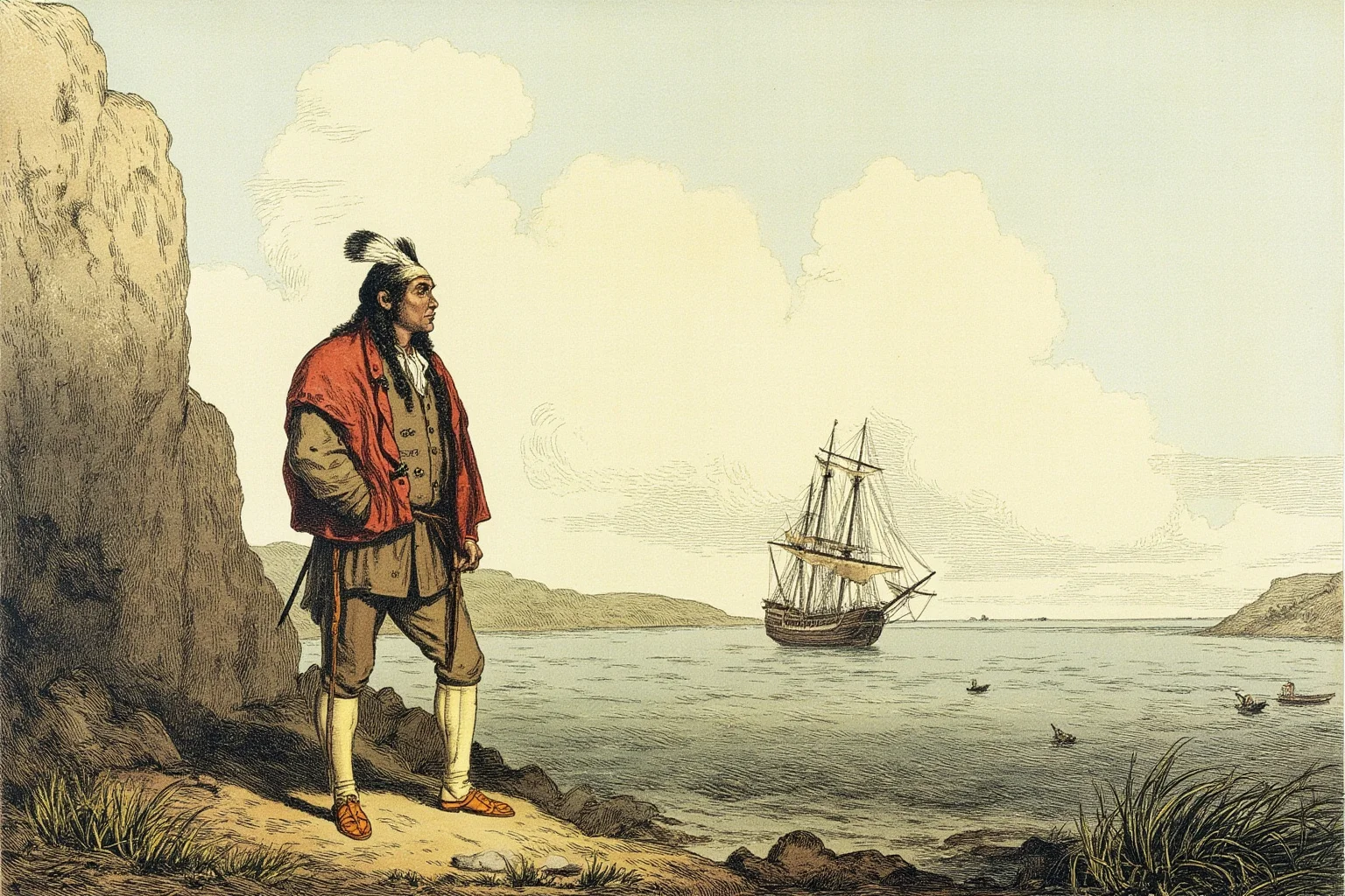 22 Inspiring Stories From Native American History 3 A Native American man standing alone near a coastal shoreline with an English ship in the distant background, historical illustration style