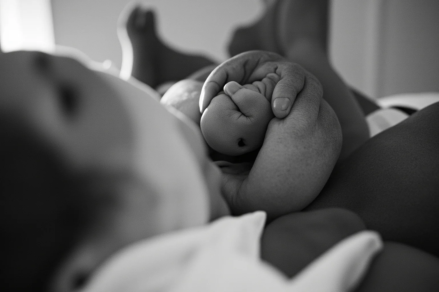 A natural childbirth scene in a hospital setting, intimate documentary photograph capturing an everyday human experience