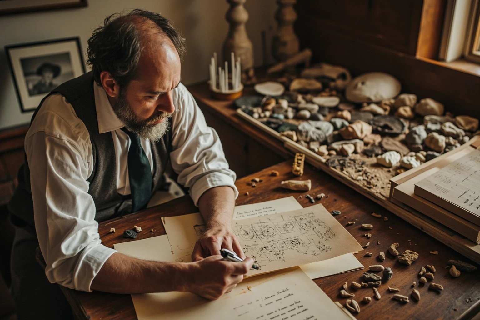 25 Greatest Historical Figures of the Victorian Era 5 A naturalist in 19th century clothing studying specimens and fossils, with evolutionary diagrams and notebooks spread before him