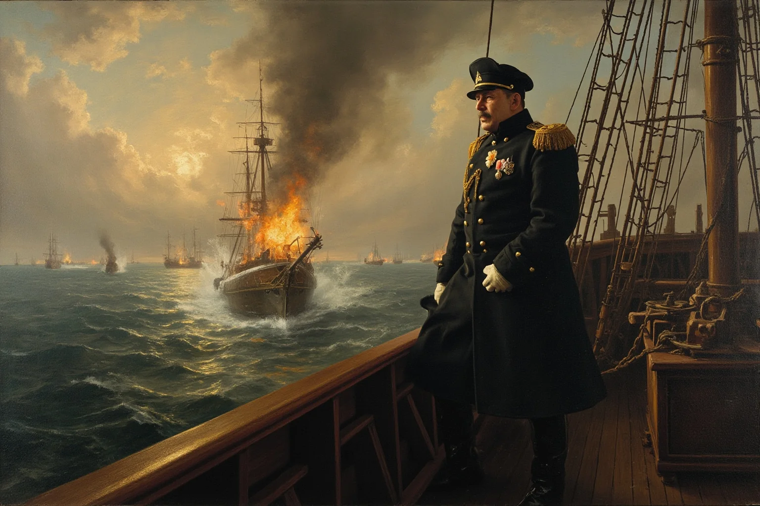 A naval admiral standing on a ship's deck during a smoky sea battle, historical painting style