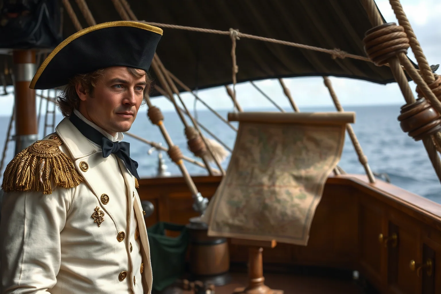 A naval officer in 18th century British uniform on the deck of HMS Swallow, disguised as a merchant vessel, studying a map of pirate hunting routes