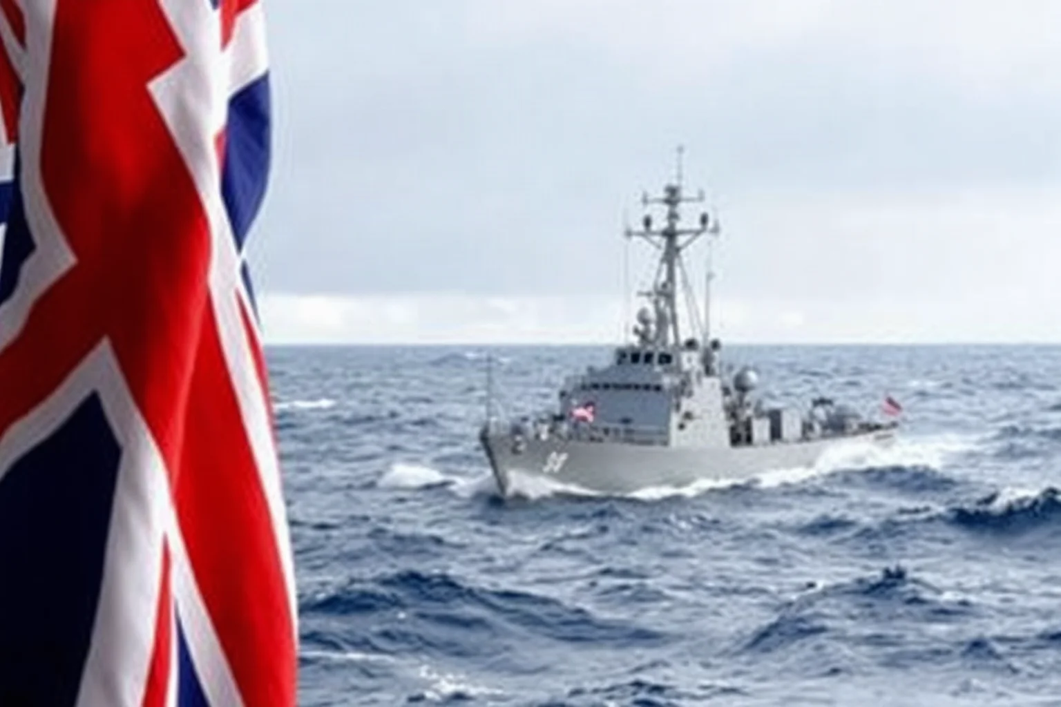 A naval vessel in rough South Atlantic waters with the Union Jack flag, representing the Falklands War conflict