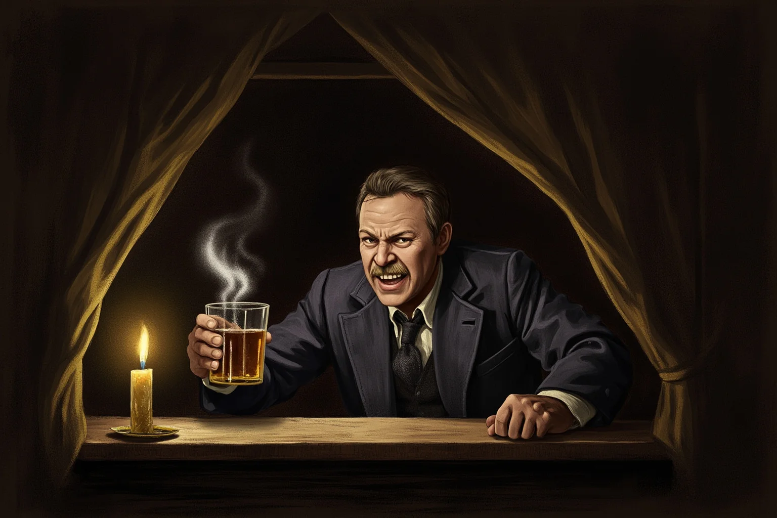 A nervous man in a dim 1860s hotel bar clutching a drink, candlelight flickering, illustrative sketch style