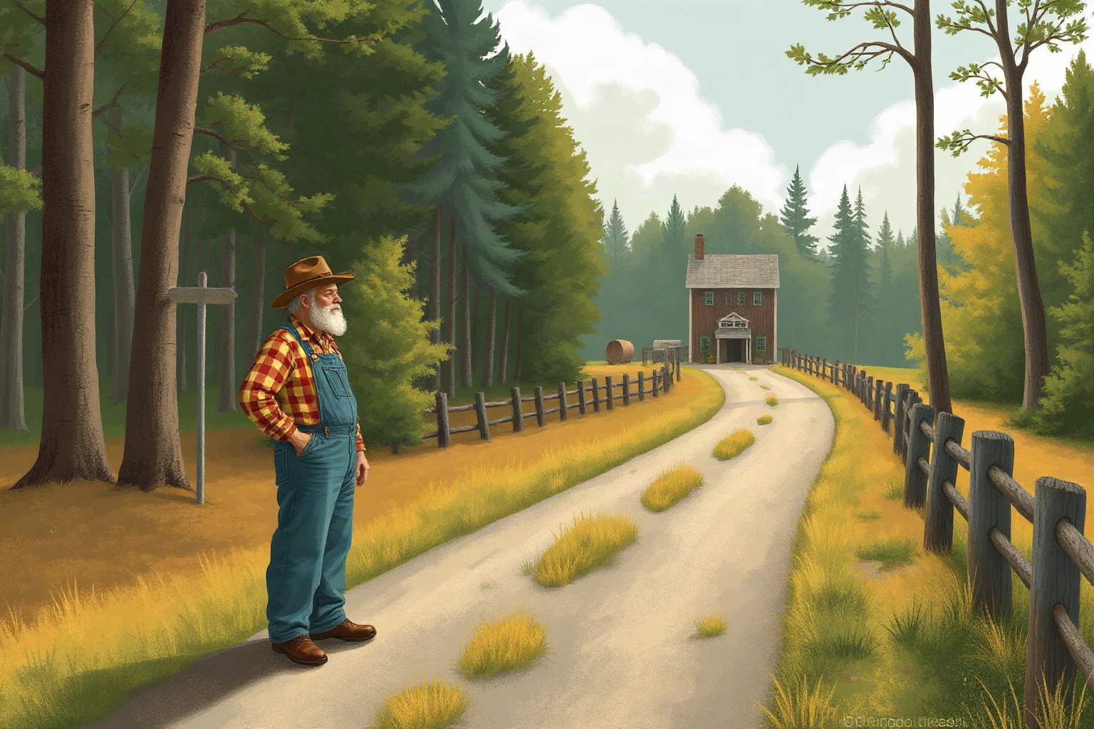A New England farmer-poet standing at a fork in a quiet wooded road, illustrative style