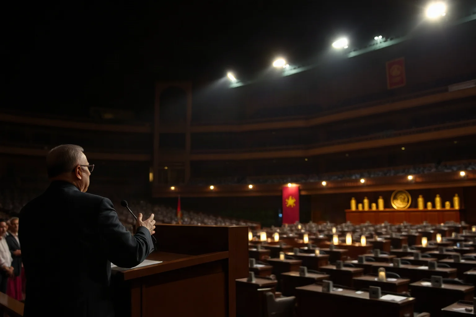 A newly independent nation's leader addressing an assembly hall at night, lanterns glowing