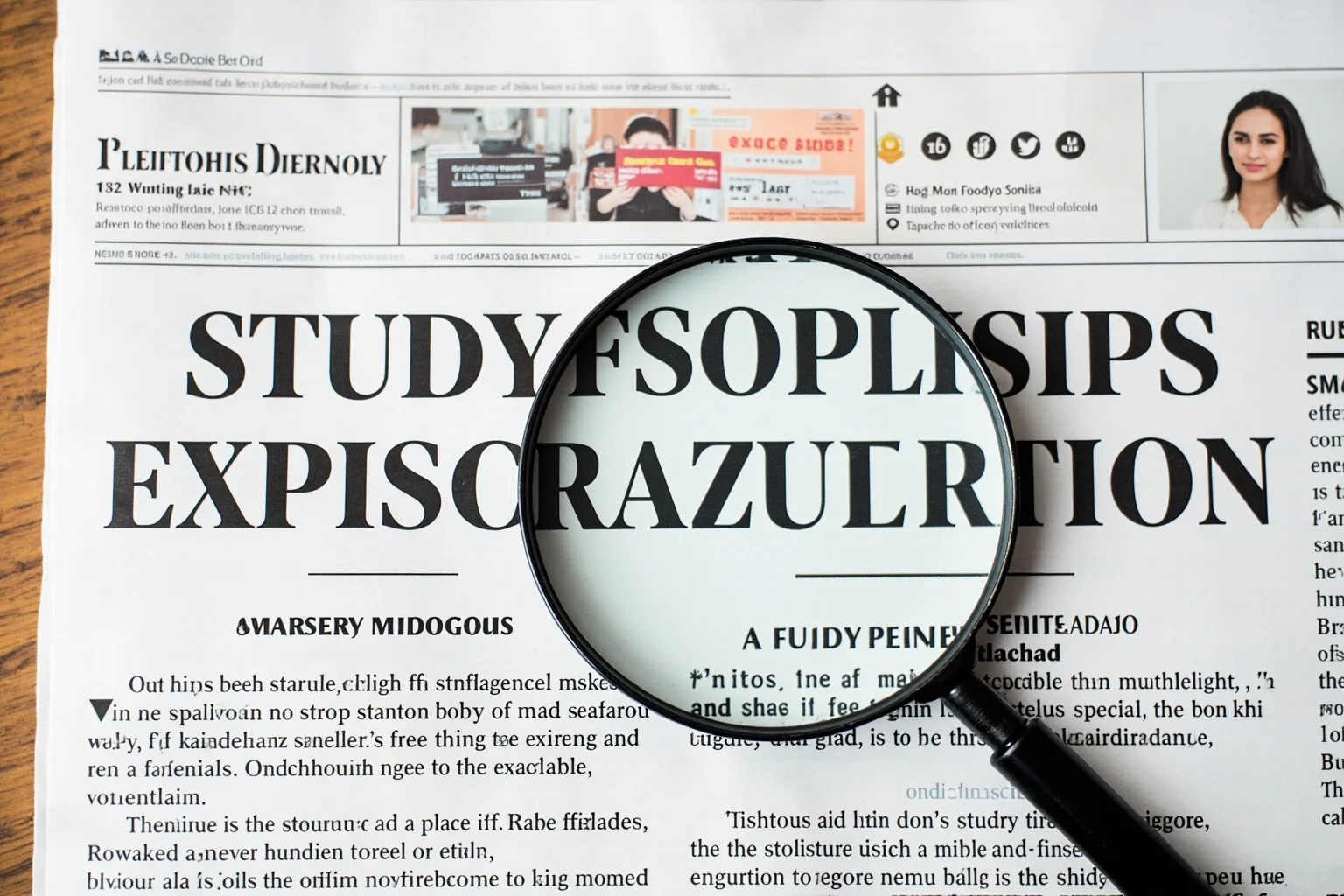A newspaper front page with a magnifying glass over a headline about study conclusions, representing disputed findings