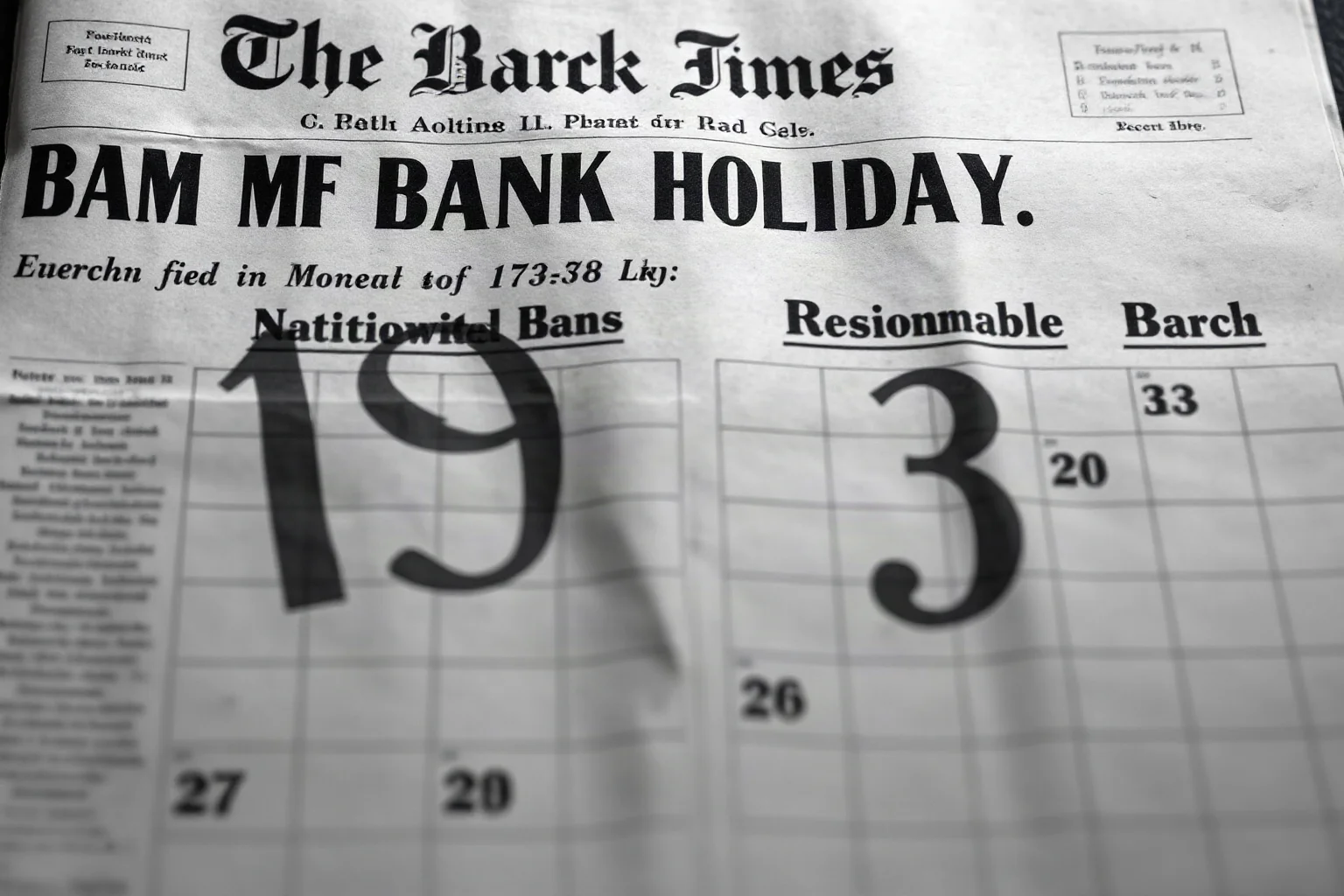 A newspaper headline and calendar page from March 1933 depicting a nationwide bank holiday announcement