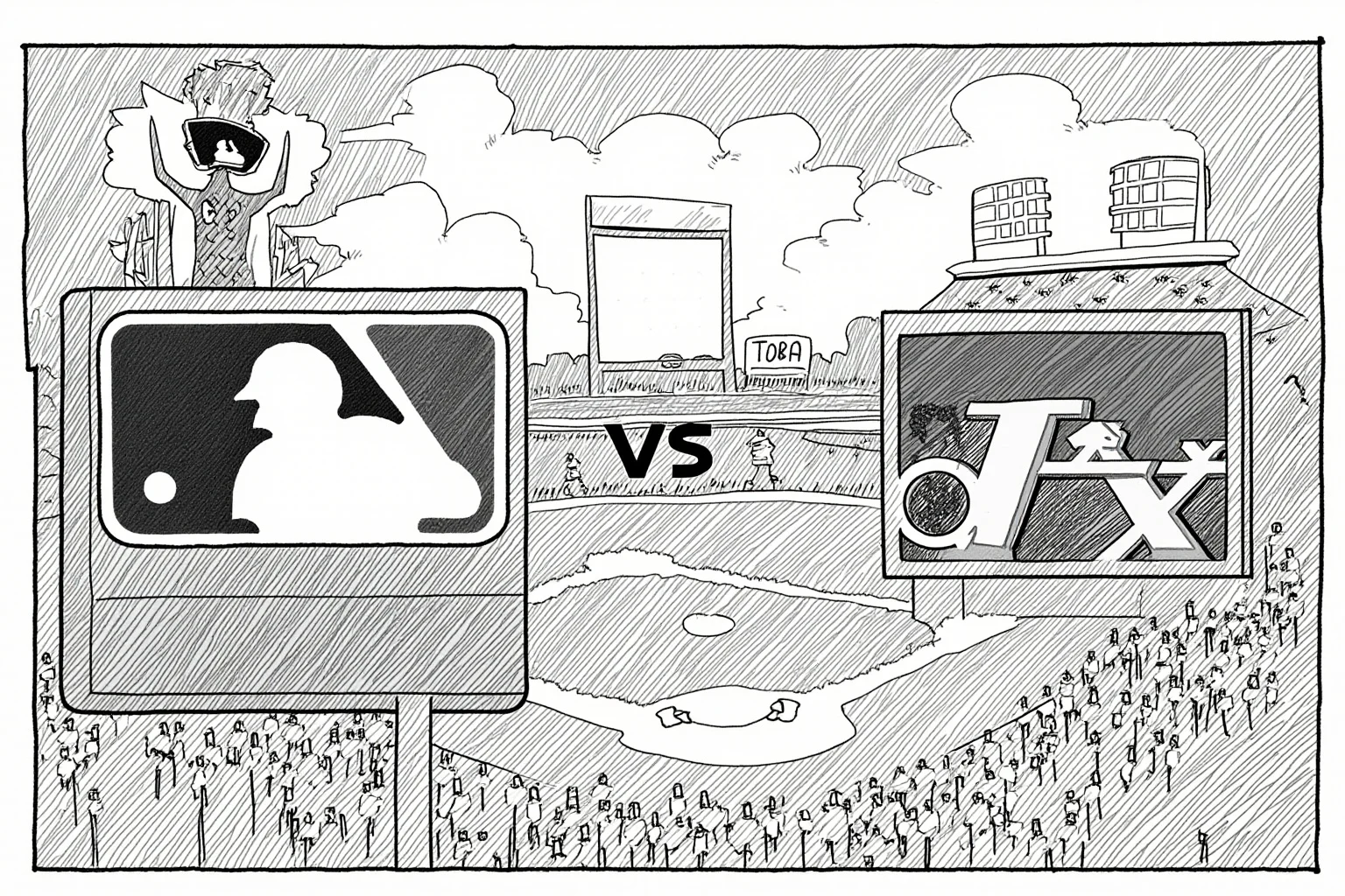 A newspaper-style illustration of two rival baseball team logos with a stadium scoreboard showing a dramatic late-season standings shift