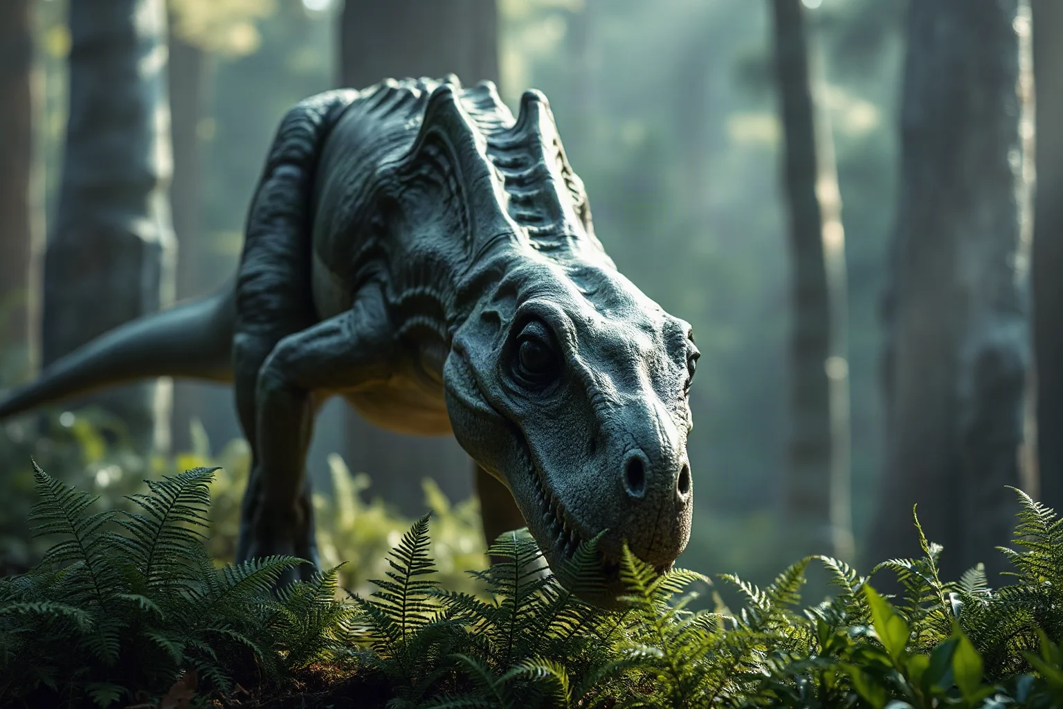A Nigersaurus with a wide flat skull grazing low ferns near the ground