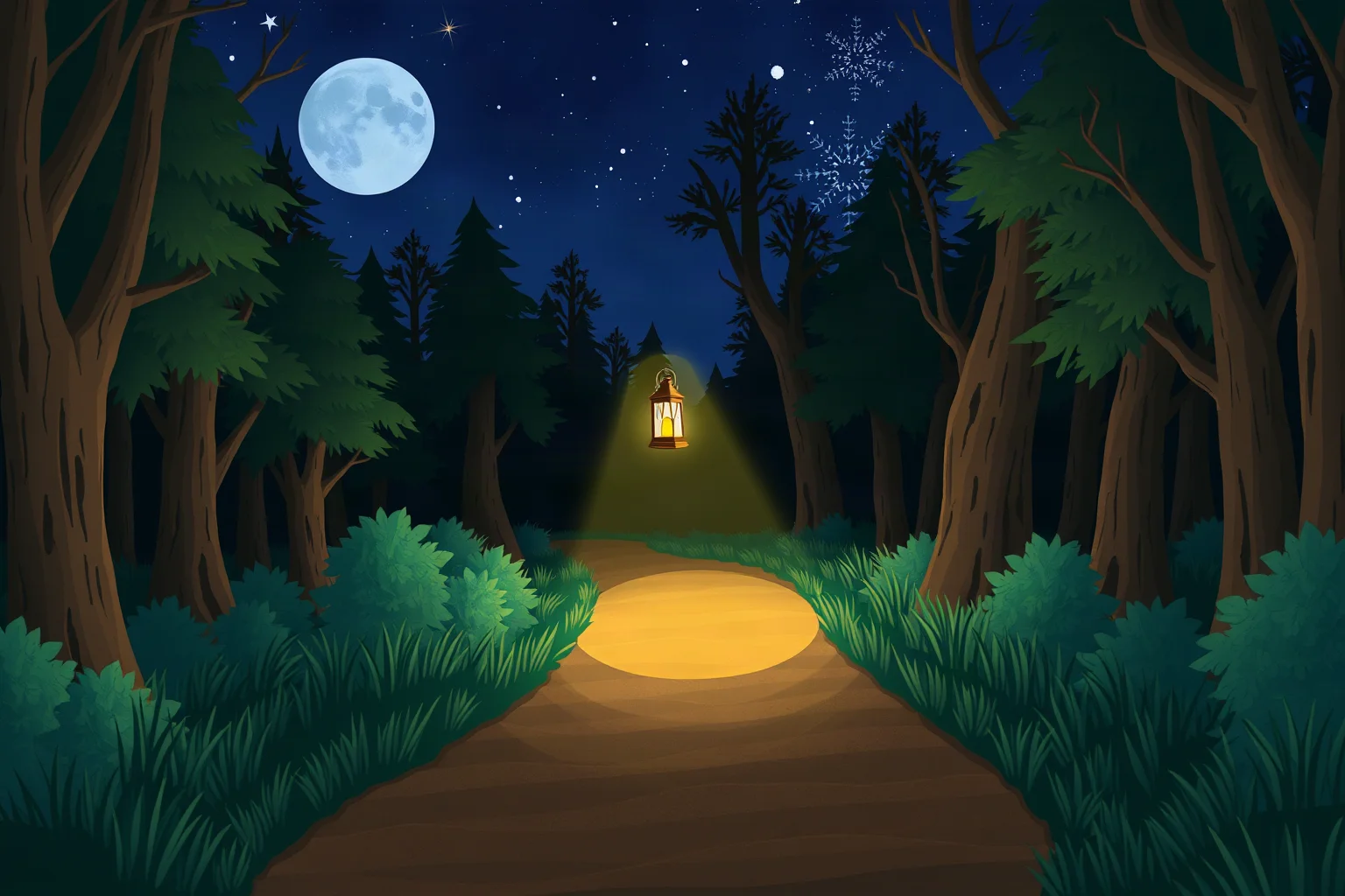 A nighttime illustration of a lantern-lit path through woods, symbolizing a secret journey toward freedom