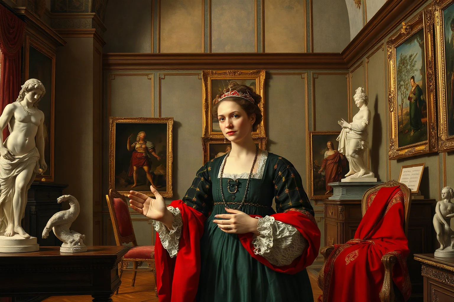 A noblewoman in Renaissance Italy surrounded by art collections, sculptures, and paintings, gesturing toward works she has commissioned