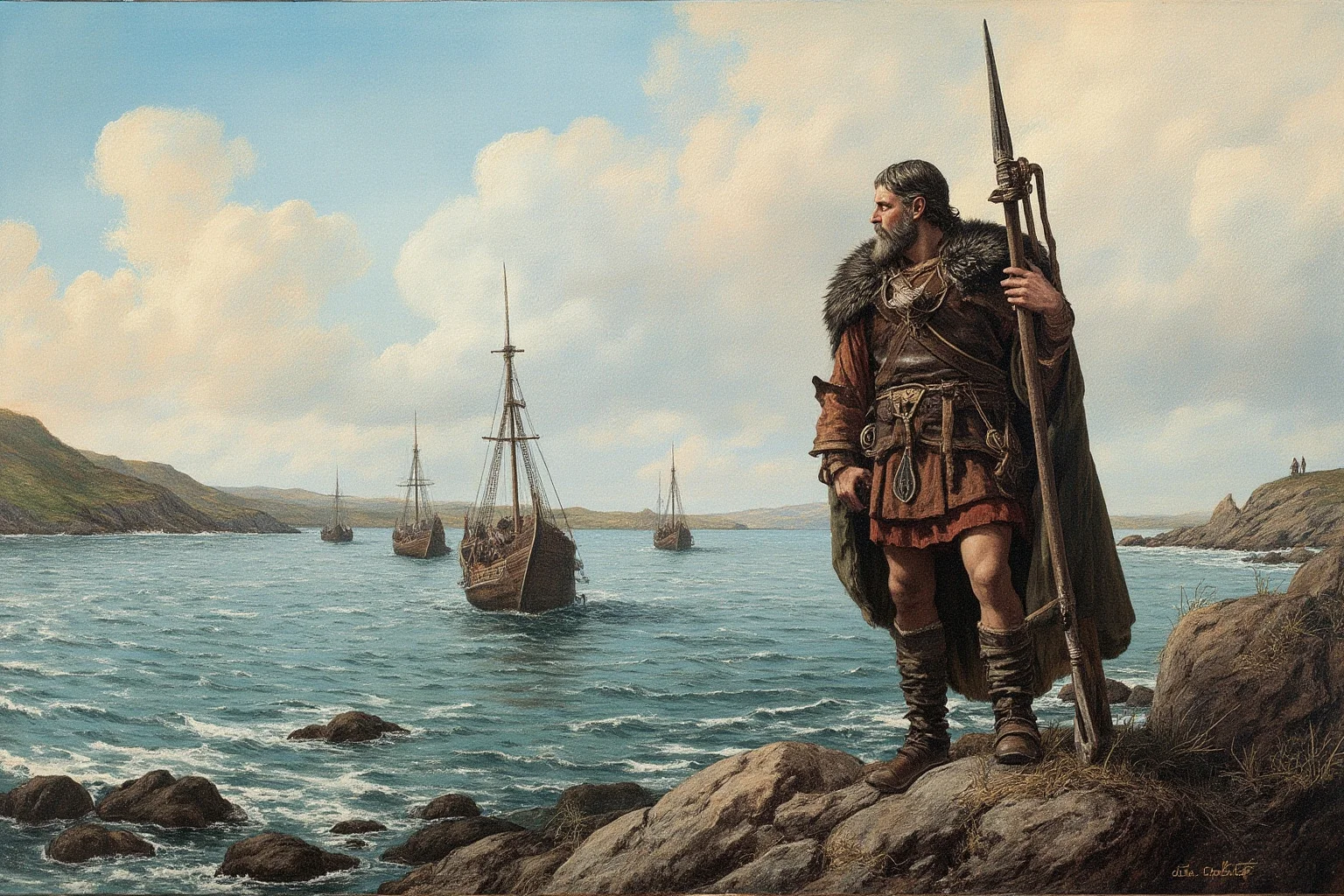 20 Greatest Vikings in History 21 A Norse earl standing on a rocky island coastline overlooking longships near Orkney, historical illustration style