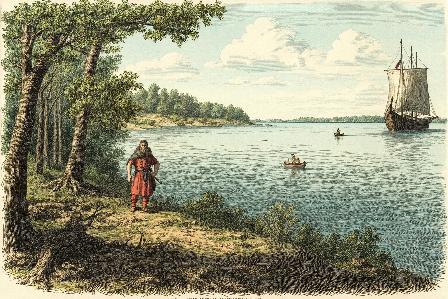 20 Greatest Vikings in History 19 A Norse expedition leader standing at the edge of a forested North American shoreline with a longship anchored nearby, historical illustration style
