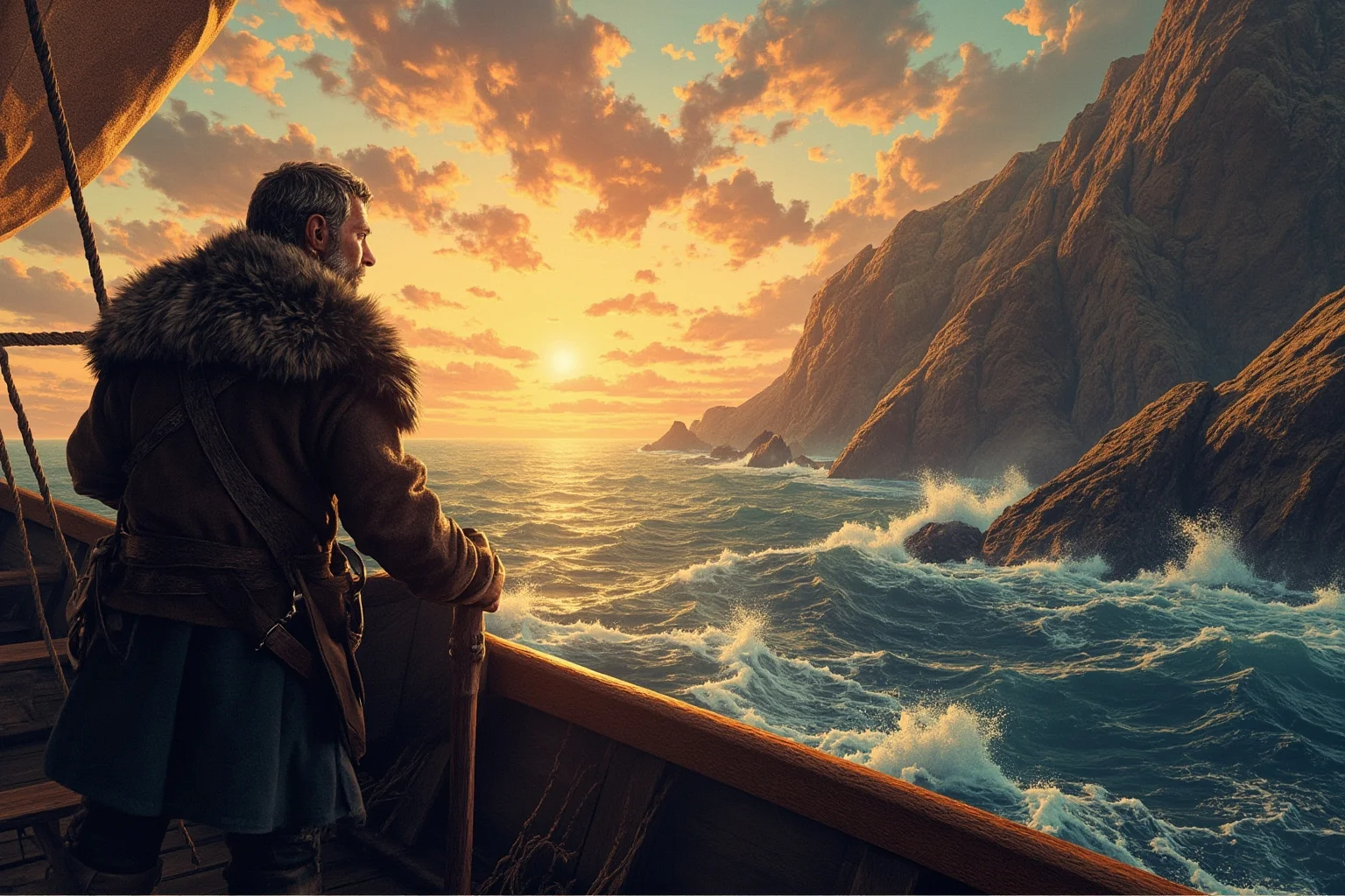 20 Greatest Vikings in History 3 A Norse explorer looking out from a longship toward a rocky North American coastline at dawn, historical illustration style