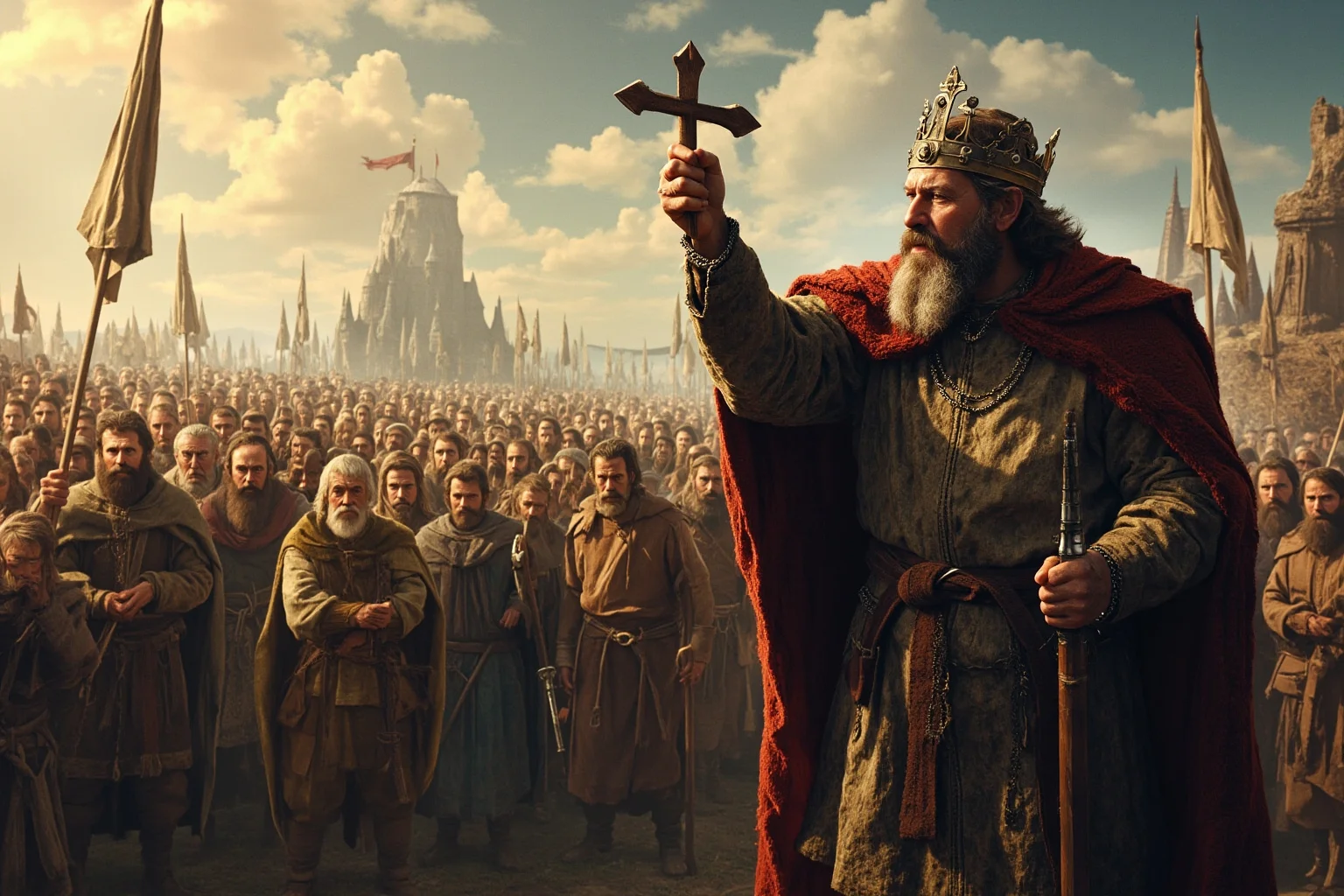 20 Greatest Vikings in History 12 A Norse king holding a small wooden cross while addressing a crowd of Viking-age villagers, historical illustration style