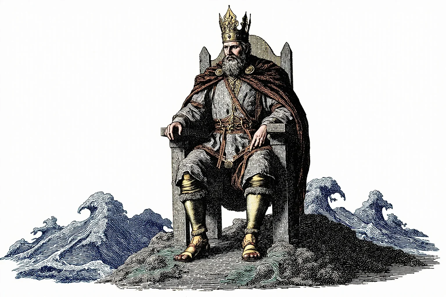 20 Greatest Vikings in History 6 A Norse king seated on a wooden throne wearing a crown, with ocean waves depicted symbolically nearby, historical illustration style