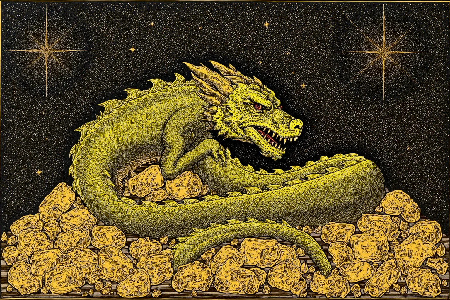 Famous Dragons Throughout History: Myths, Legends, and the Real Stories Behind Them 8 A Norse saga-style illustration of a scaled dragon coiled atop a glittering treasure hoard