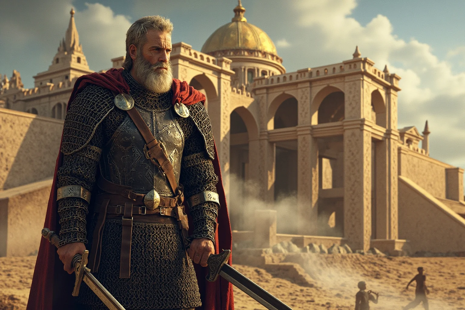 20 Greatest Vikings in History 5 A Norse warrior-king in chainmail standing before a Byzantine-style palace, blending Scandinavian and Mediterranean architecture, historical illustration style