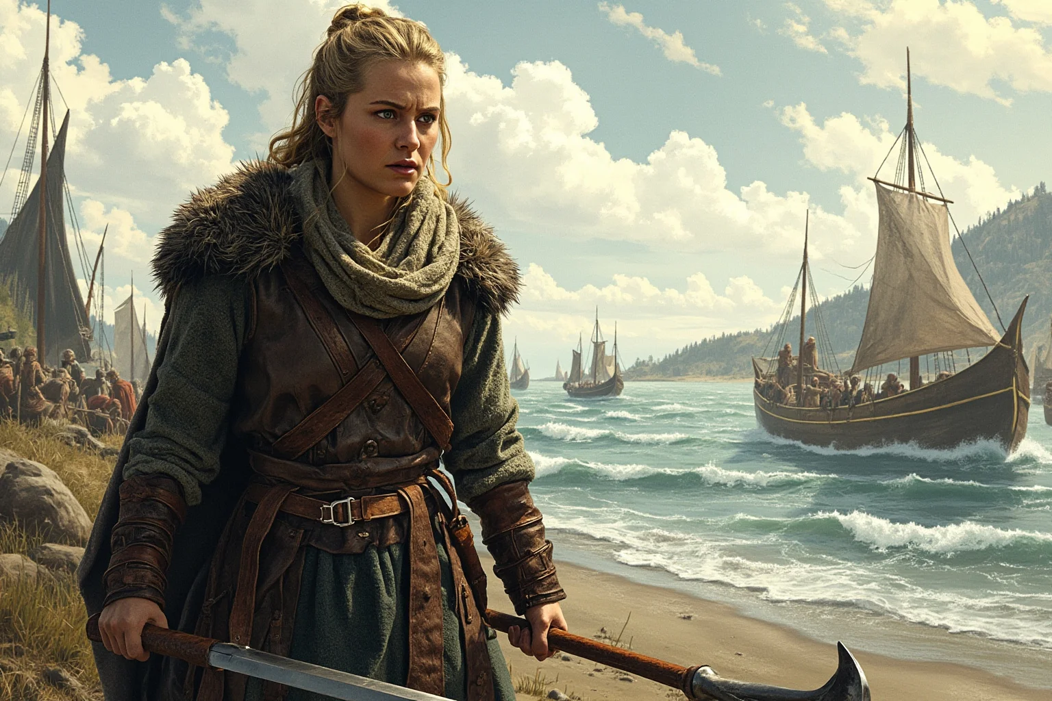 20 Greatest Vikings in History 16 A Norse woman in Viking-age clothing standing defiantly at a coastal camp holding a weapon, historical illustration style
