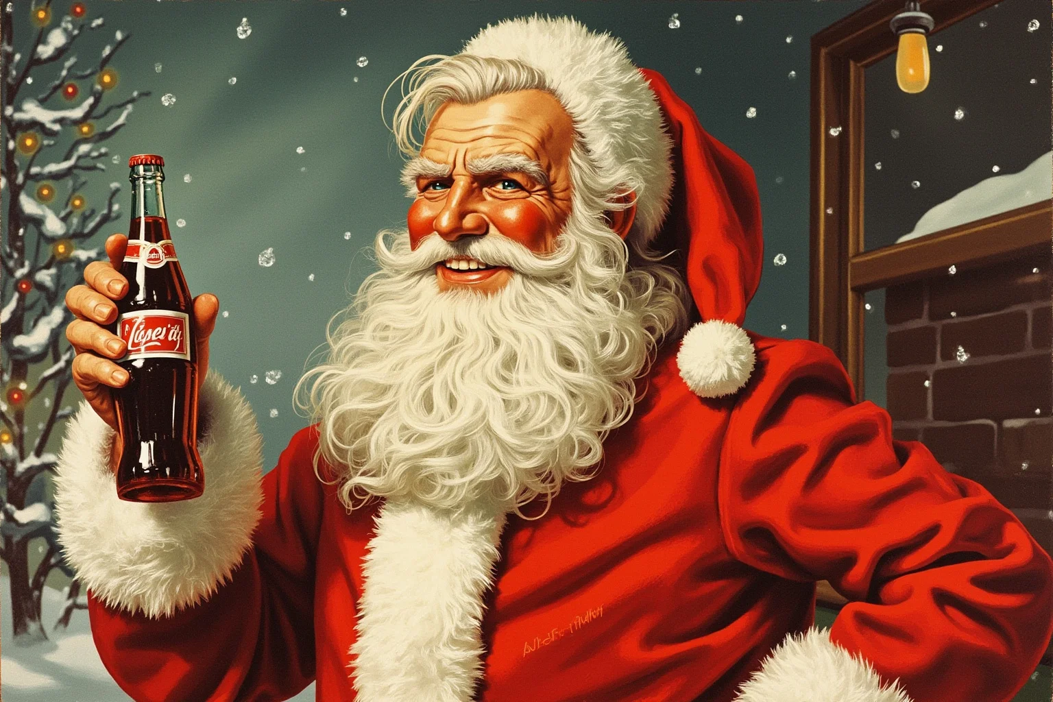 The Origin Of Santa Claus And How He Became Our Christmas Icon 6 A nostalgic mid-20th-century style painted illustration of a warm, grandfatherly Santa Claus in a red suit, holding a soda bottle, in a cozy winter setting