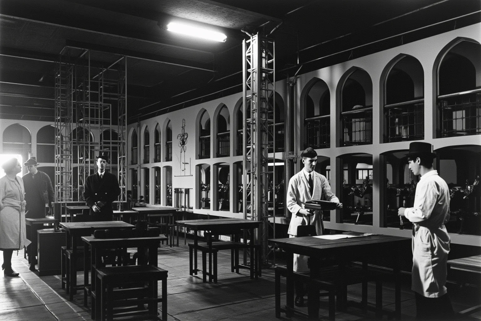 A nuclear reactor facility from the 1940s era with scientists in period clothing, representing the Manhattan Project