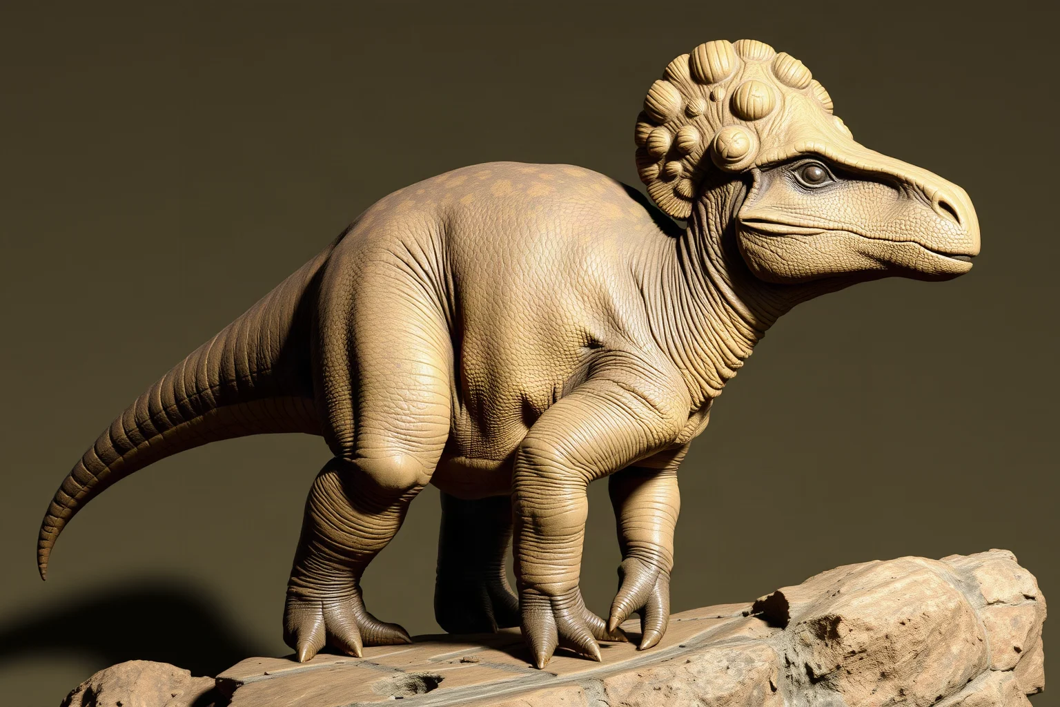 A Pachycephalosaurus with a thick domed skull standing on a rocky outcrop
