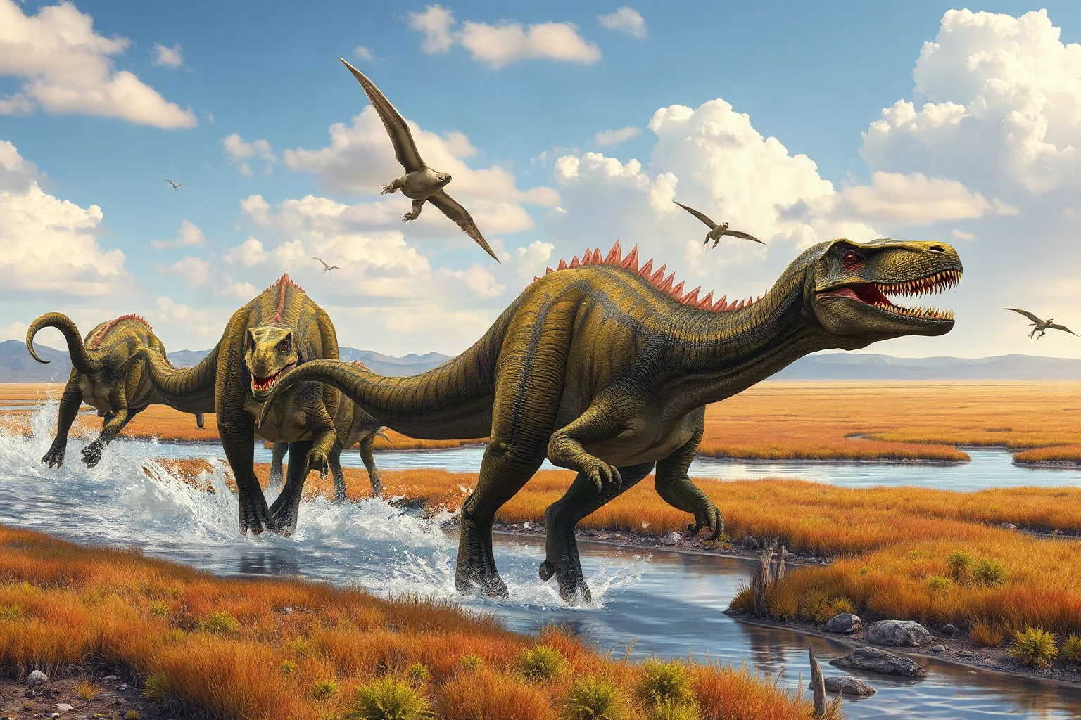A pack of Albertosaurus moving together through a Late Cretaceous floodplain, realistic paleoart style